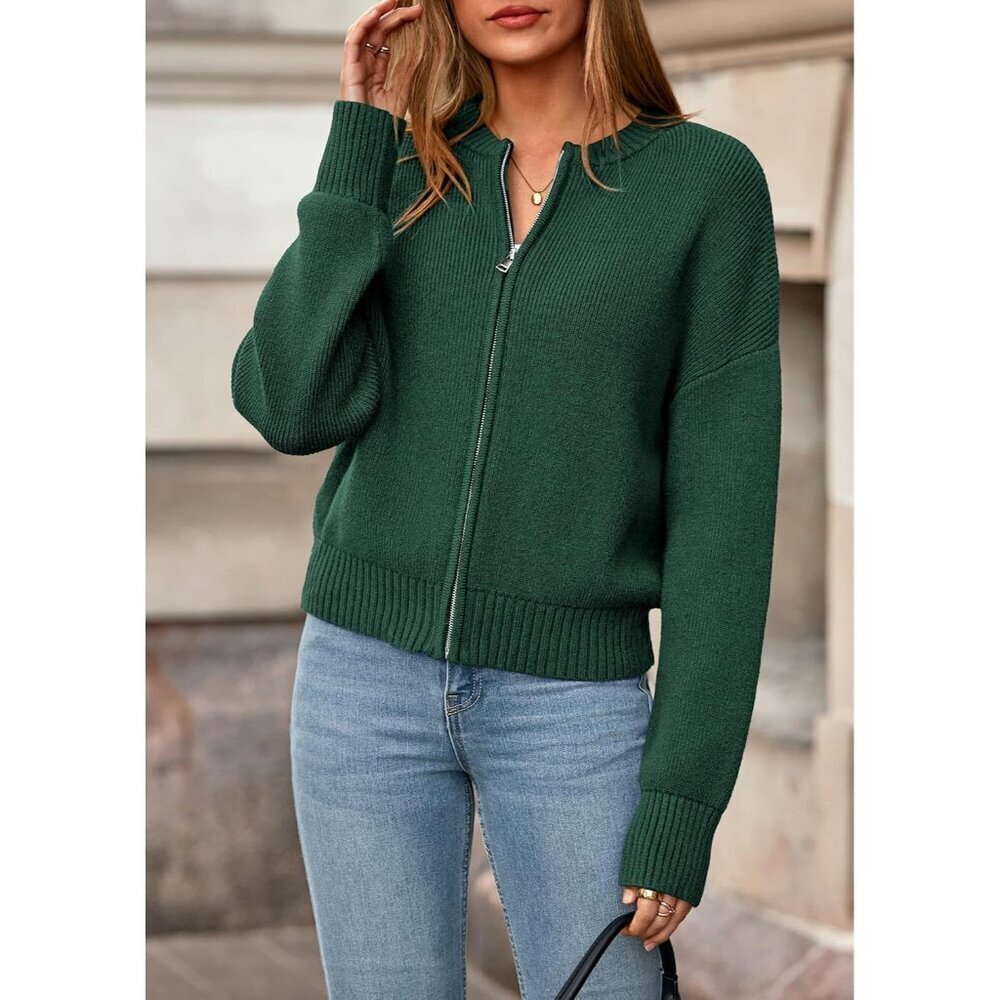 Women's Cropped Cardigan Sweater Knit Zipper Long Sleeve Fall Outerwear - Picture 2 of 8